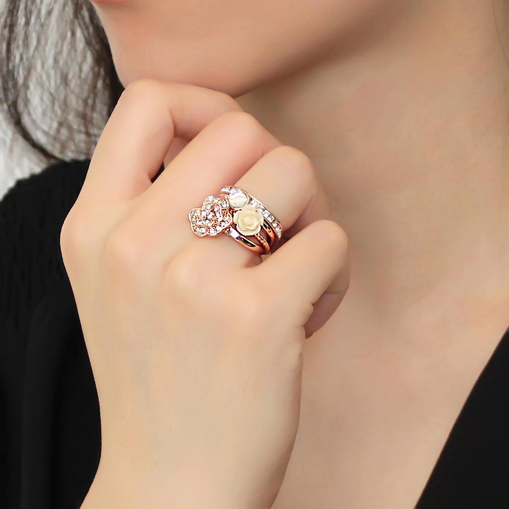 3W1490 - Rose Gold Brass Ring with Synthetic Synthetic Stone in White