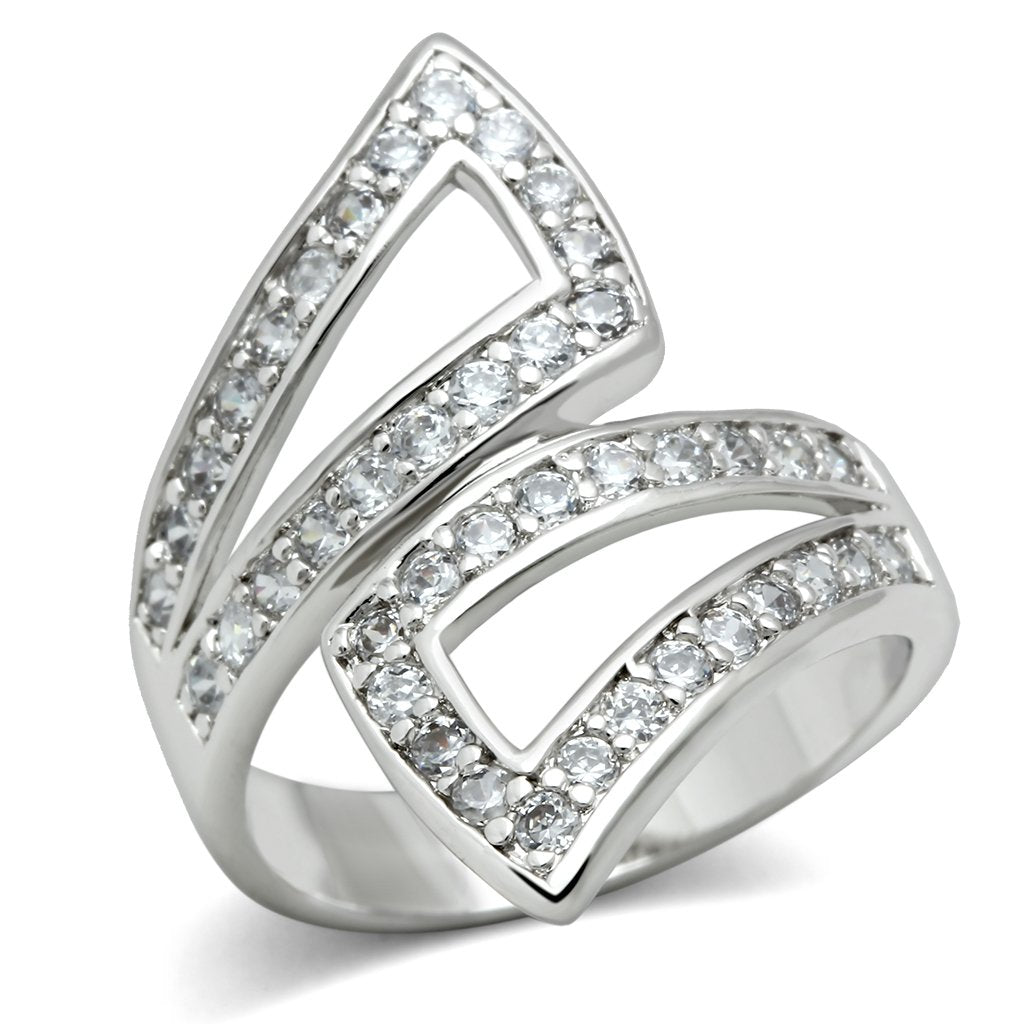 3W150 - Rhodium Brass Ring with AAA Grade CZ  in Clear