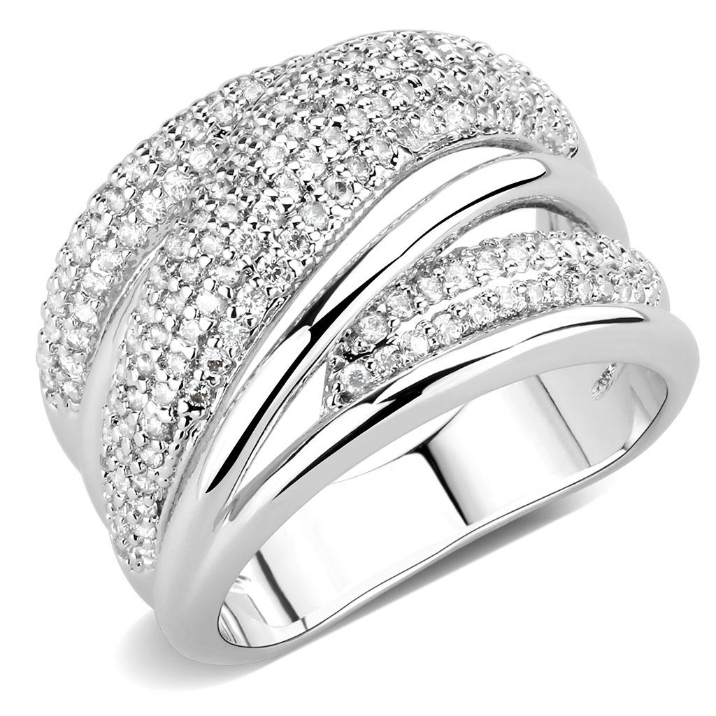 3W1544 - Rhodium Brass Ring with AAA Grade CZ  in Clear