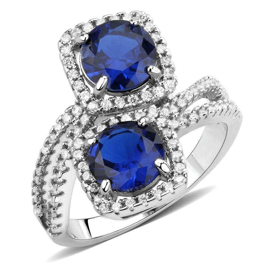 3W1600 - Rhodium Brass Ring with AAA Grade CZ  in London Blue