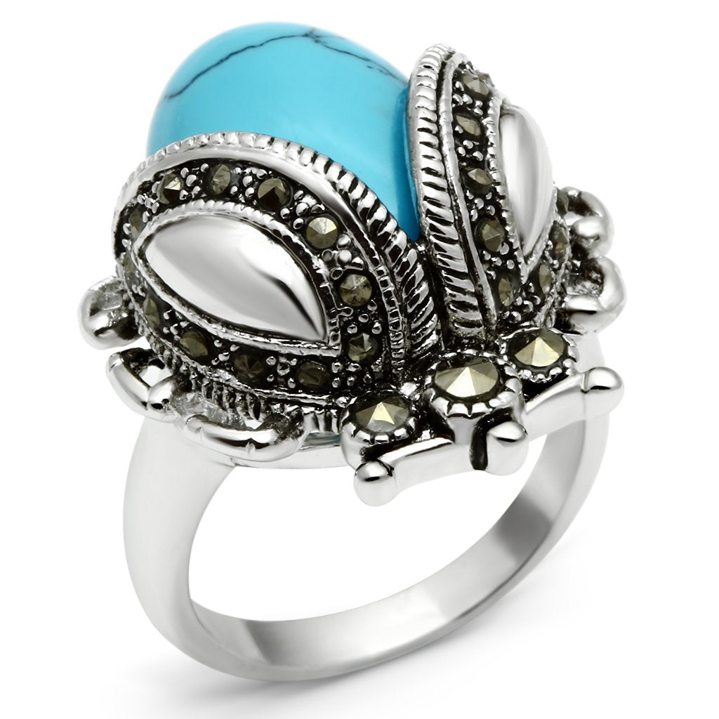 3W181 - Rhodium Brass Ring with Synthetic Turquoise in Sea Blue