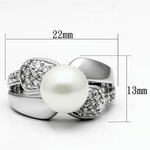 3W182 - Rhodium Brass Ring with Synthetic Pearl in White