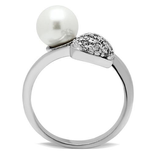 3W192 - Rhodium Brass Ring with Synthetic Pearl in White