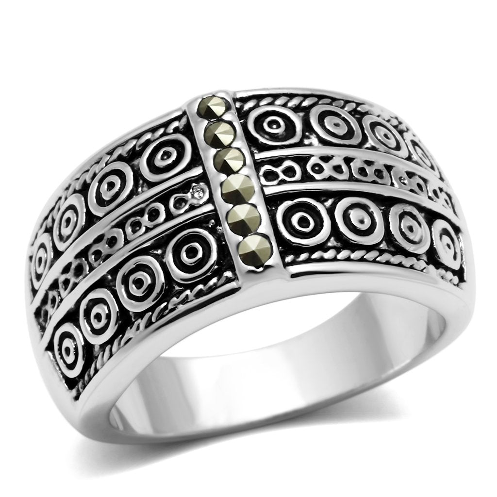 3W239 - Rhodium Brass Ring with Semi-Precious Marcasite in Black Diamond