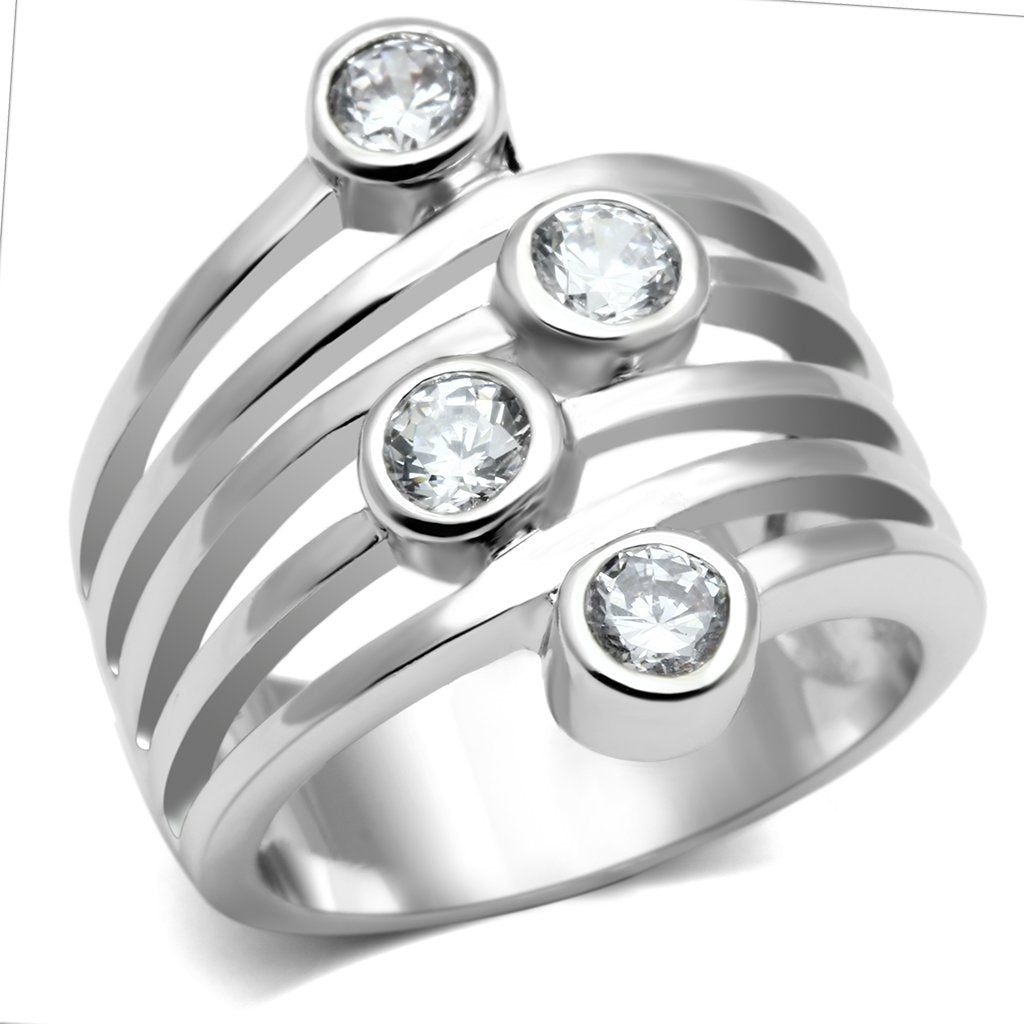 3W286 - Rhodium Brass Ring with AAA Grade CZ  in Clear