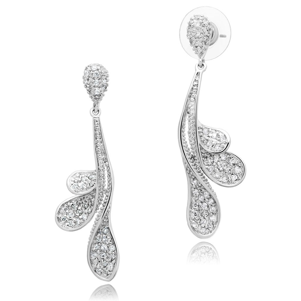 3W299 - Rhodium Brass Earrings with AAA Grade CZ  in Clear