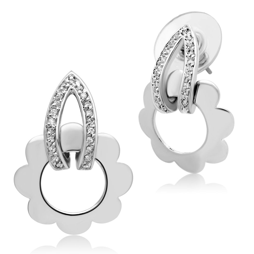 3W302 - Rhodium Brass Earrings with AAA Grade CZ  in Clear