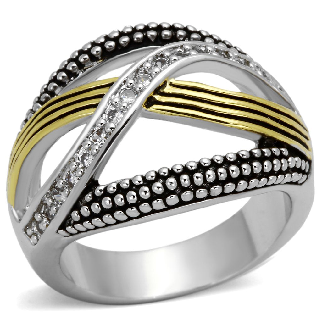 3W305 - Reverse Two-Tone Brass Ring with AAA Grade CZ  in Clear