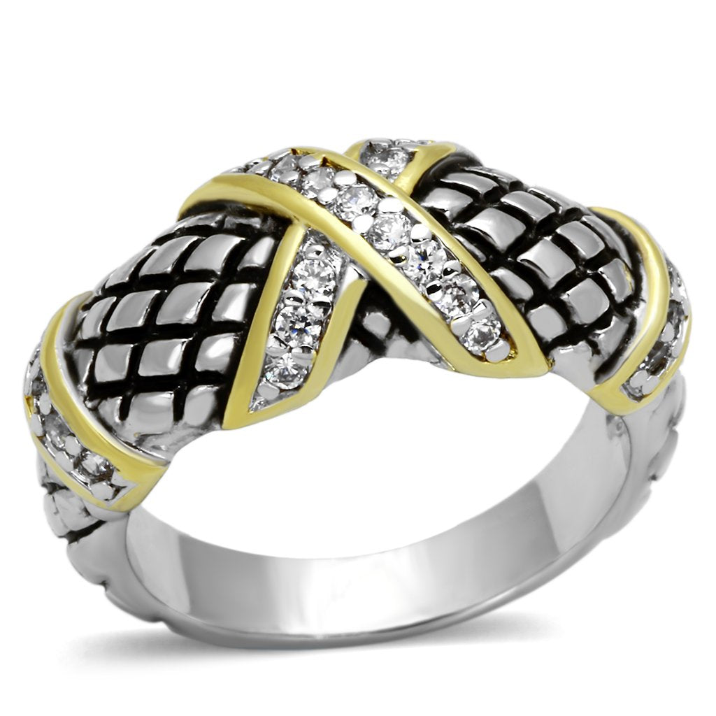 3W314 - Reverse Two-Tone Brass Ring with AAA Grade CZ  in Clear