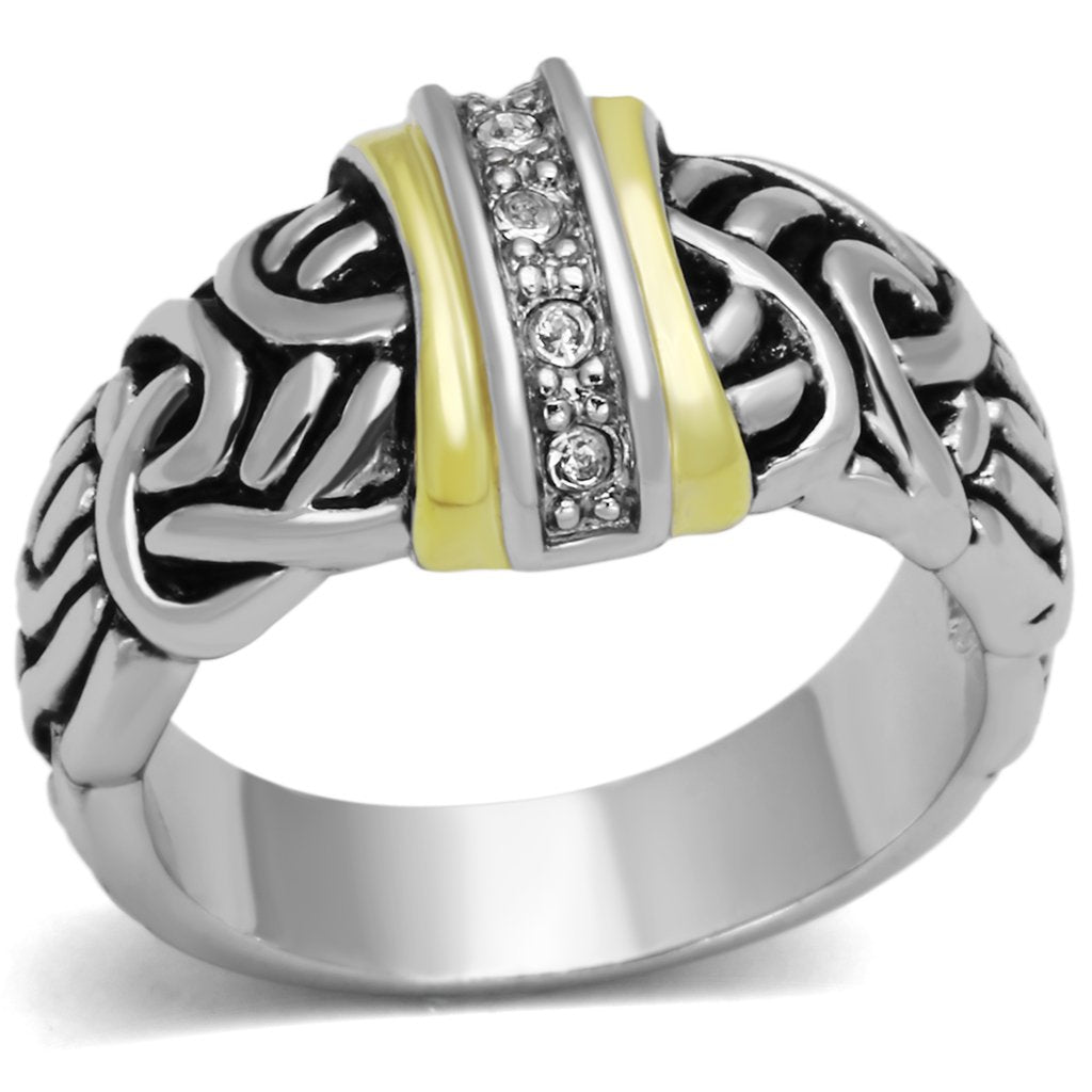 3W327 - Reverse Two-Tone Brass Ring with Top Grade Crystal  in Clear