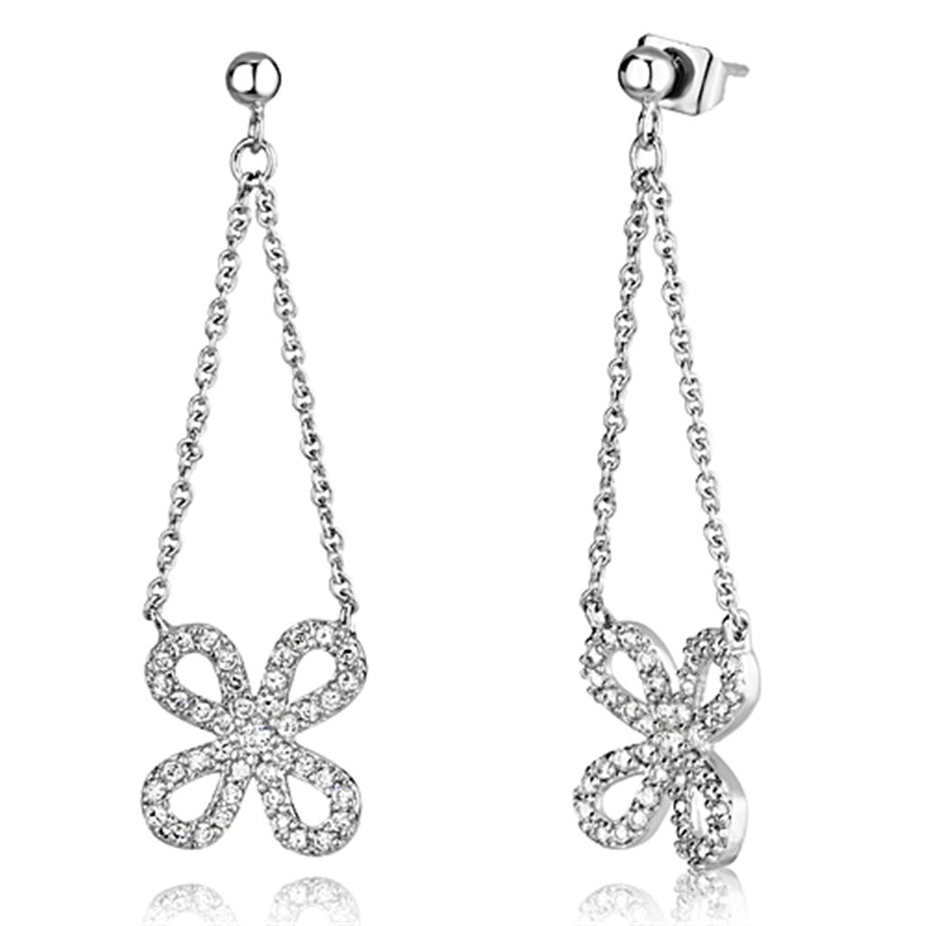 3W354 - Rhodium Brass Earrings with AAA Grade CZ  in Clear