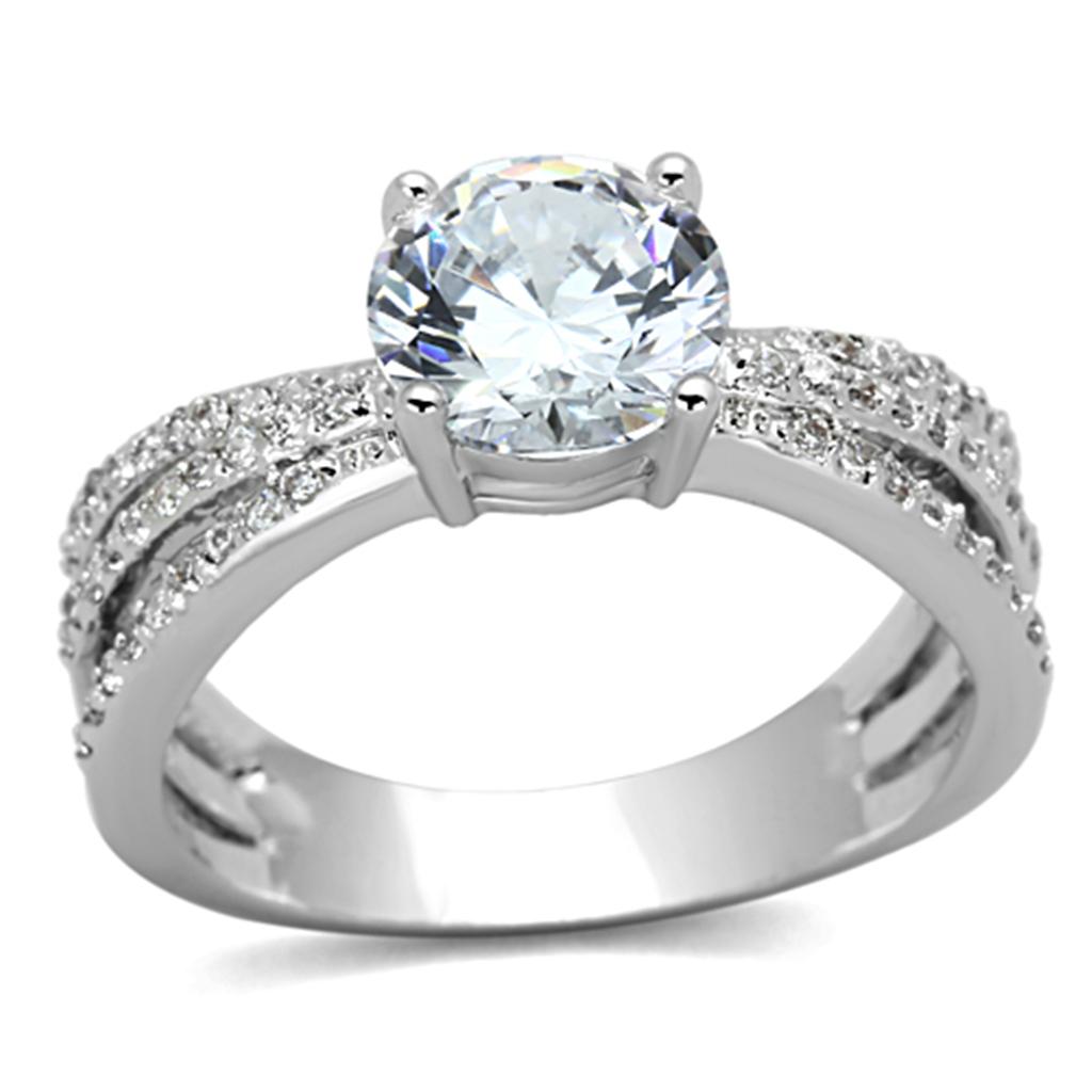 3W478 - Rhodium Brass Ring with AAA Grade CZ  in Clear