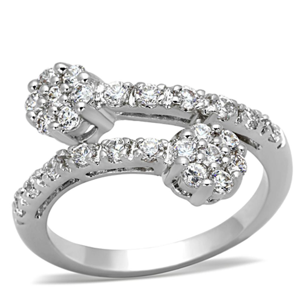 3W490 - Rhodium Brass Ring with AAA Grade CZ  in Clear