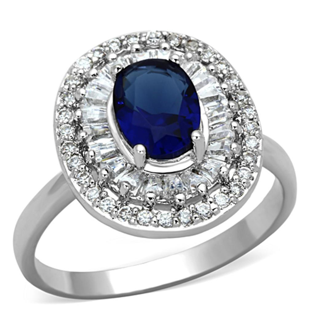 3W495 - Rhodium Brass Ring with Synthetic Synthetic Glass in Sapphire