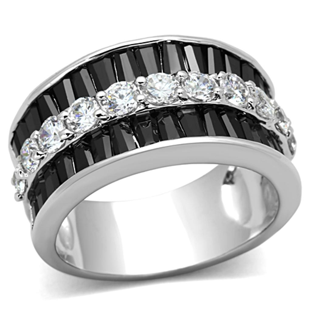 3W513 - Rhodium Brass Ring with AAA Grade CZ  in Black Diamond