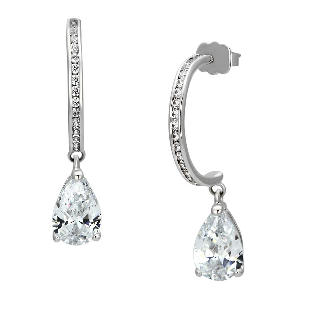 3W529 - Rhodium Brass Earrings with AAA Grade CZ  in Clear