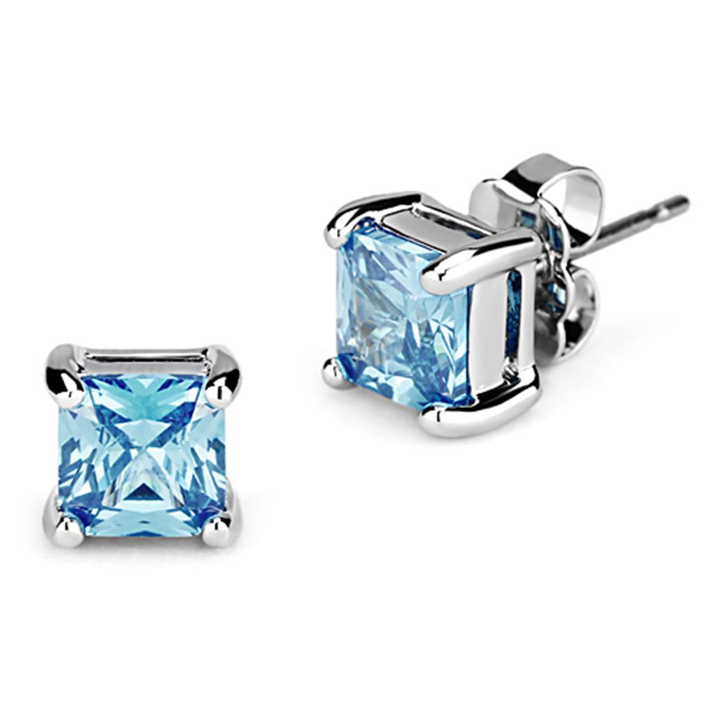 3W539 - Rhodium Brass Earrings with AAA Grade CZ  in Sea Blue