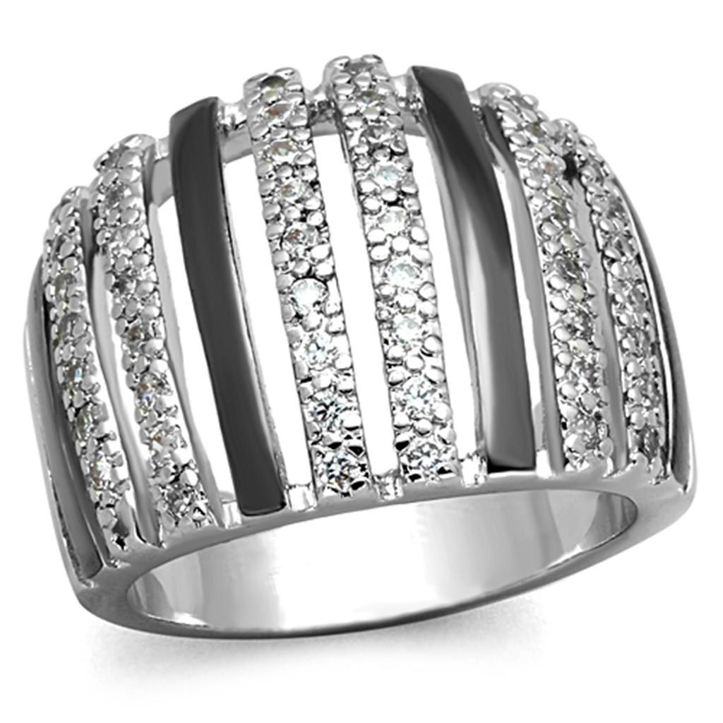 3W567 - Rhodium + Ruthenium Brass Ring with AAA Grade CZ  in Clear