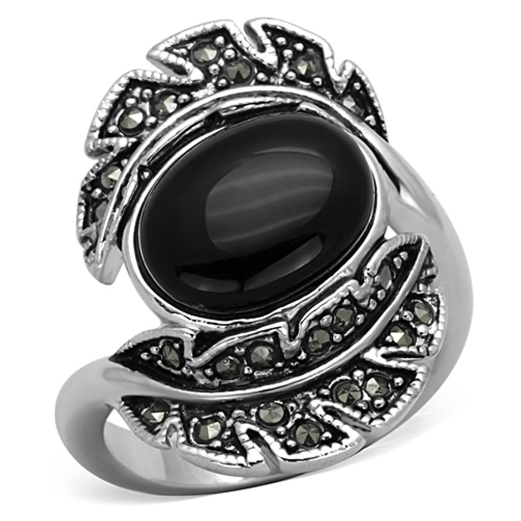 3W597 - Rhodium Brass Ring with Synthetic Onyx in Jet