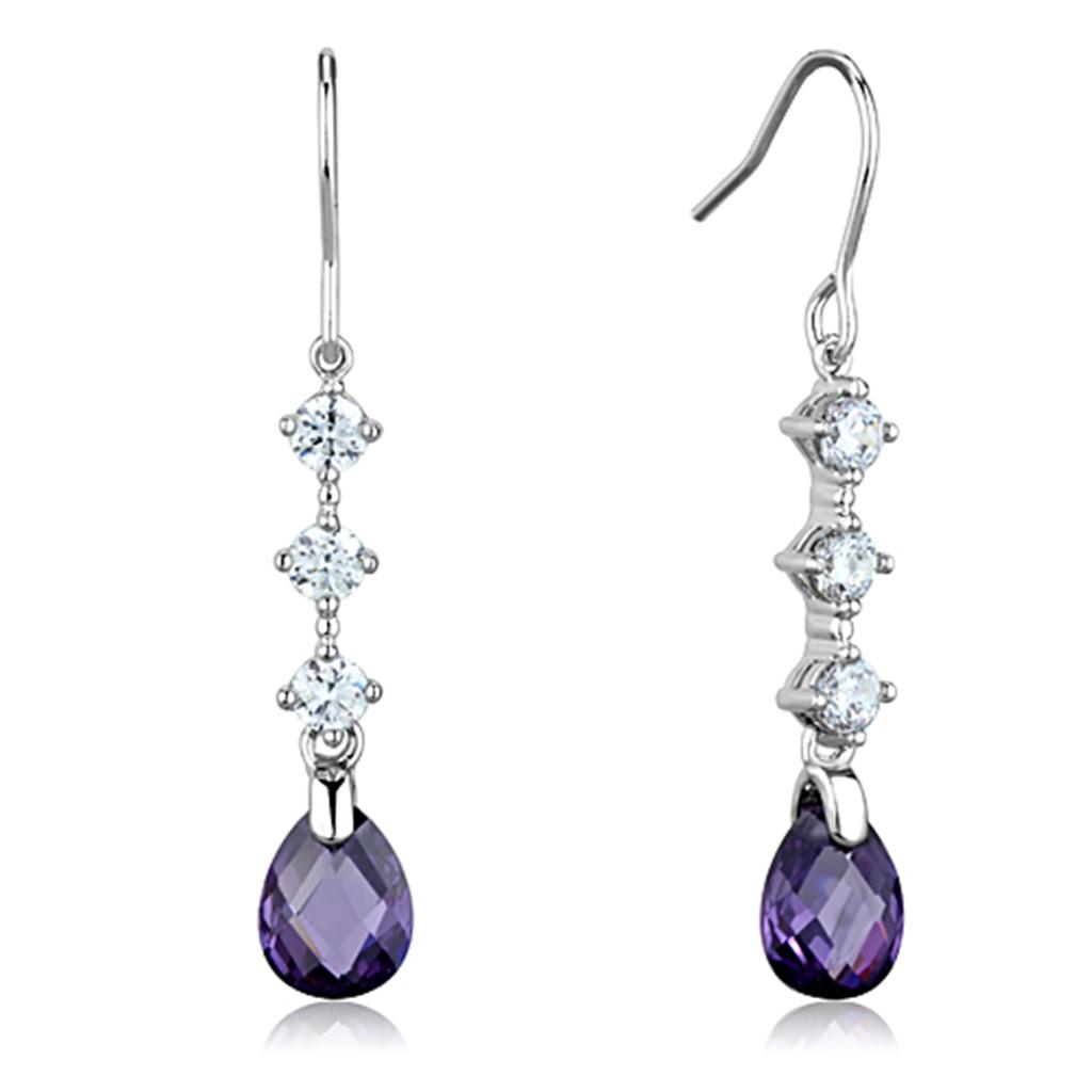 3W635 - Rhodium Brass Earrings with AAA Grade CZ  in Amethyst