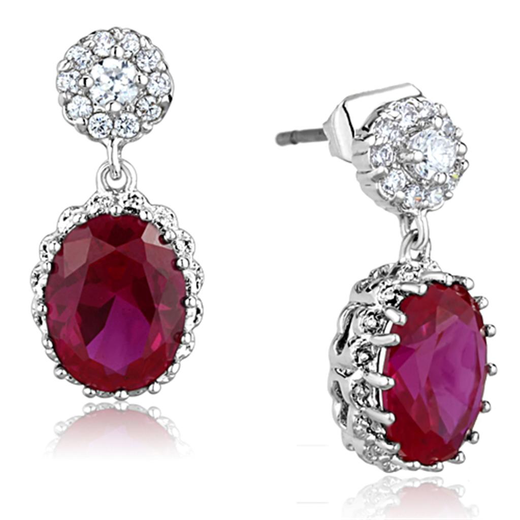 3W653 - Rhodium Brass Earrings with AAA Grade CZ  in Ruby