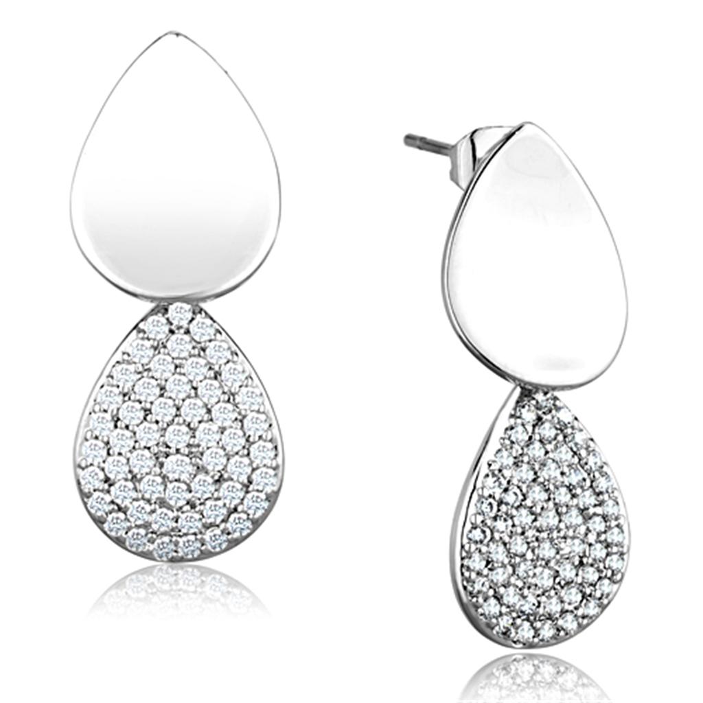 3W659 - Rhodium Brass Earrings with AAA Grade CZ  in Clear