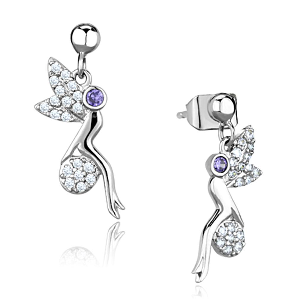 3W670 - Rhodium Brass Earrings with AAA Grade CZ  in Amethyst