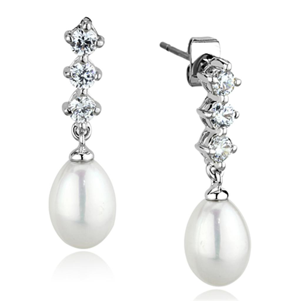 3W679 - Rhodium Brass Earrings with Semi-Precious Pearl in White