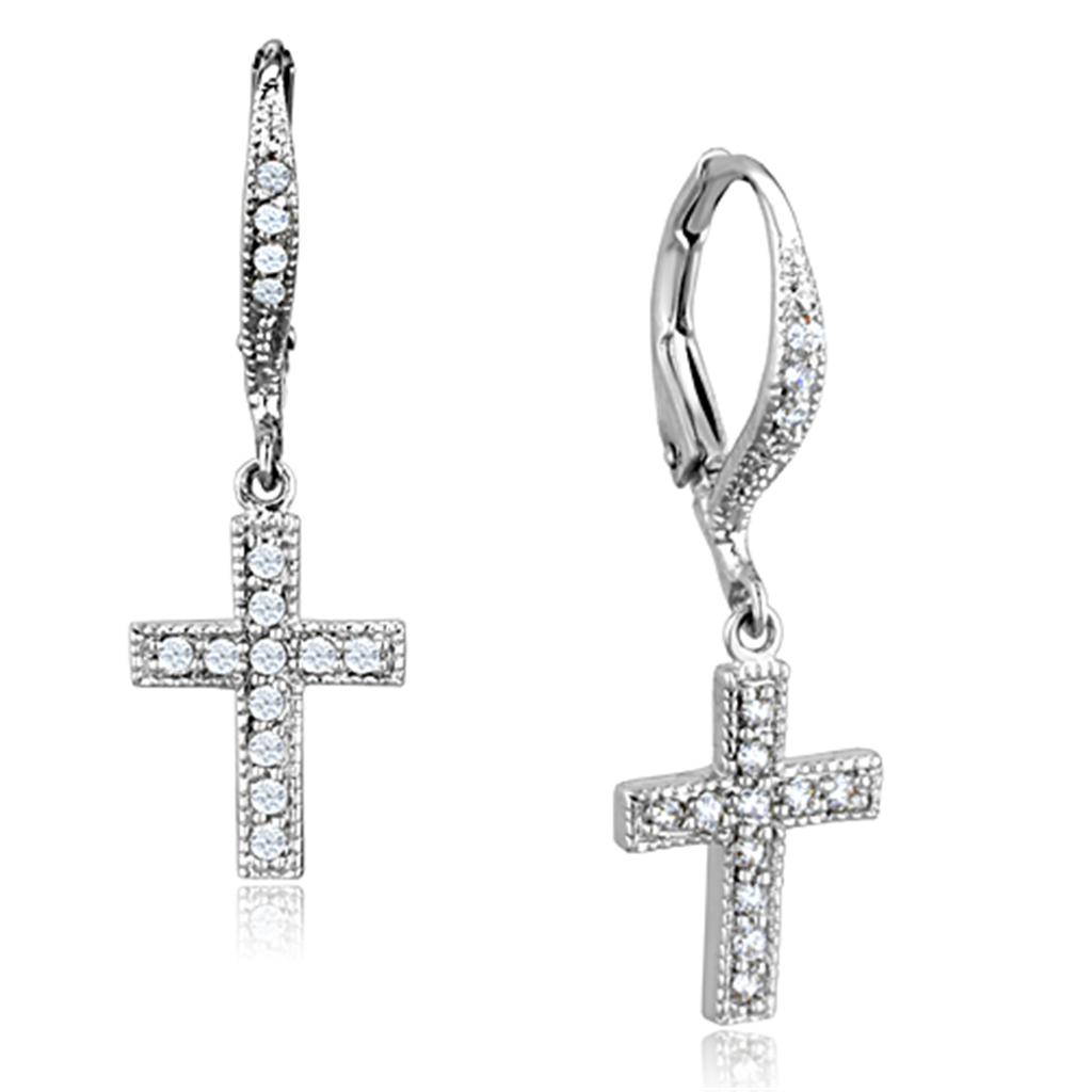 3W688 - Rhodium Brass Earrings with AAA Grade CZ  in Clear