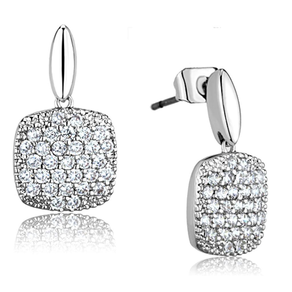 3W691 - Rhodium Brass Earrings with AAA Grade CZ  in Clear