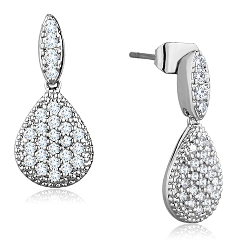 3W696 - Rhodium Brass Earrings with AAA Grade CZ  in Clear