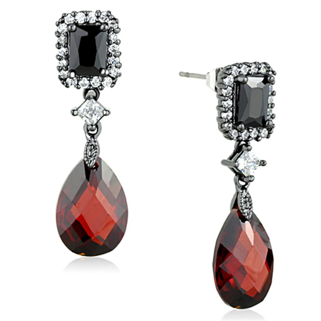 3W704 - Ruthenium Brass Earrings with AAA Grade CZ  in Garnet