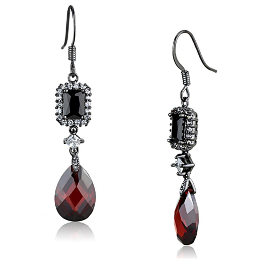 3W706 - Ruthenium Brass Earrings with AAA Grade CZ  in Garnet