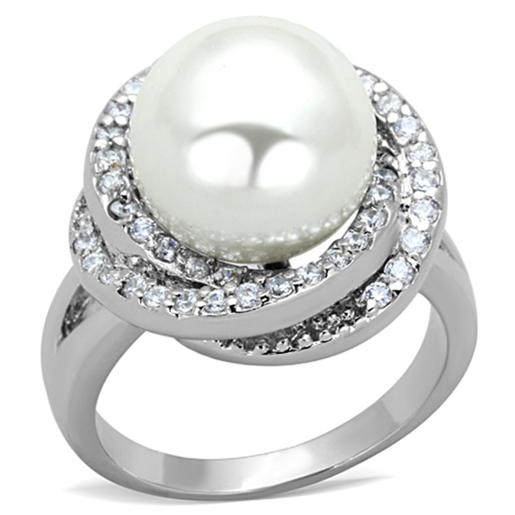 3W759 - Rhodium Brass Ring with Synthetic Pearl in White