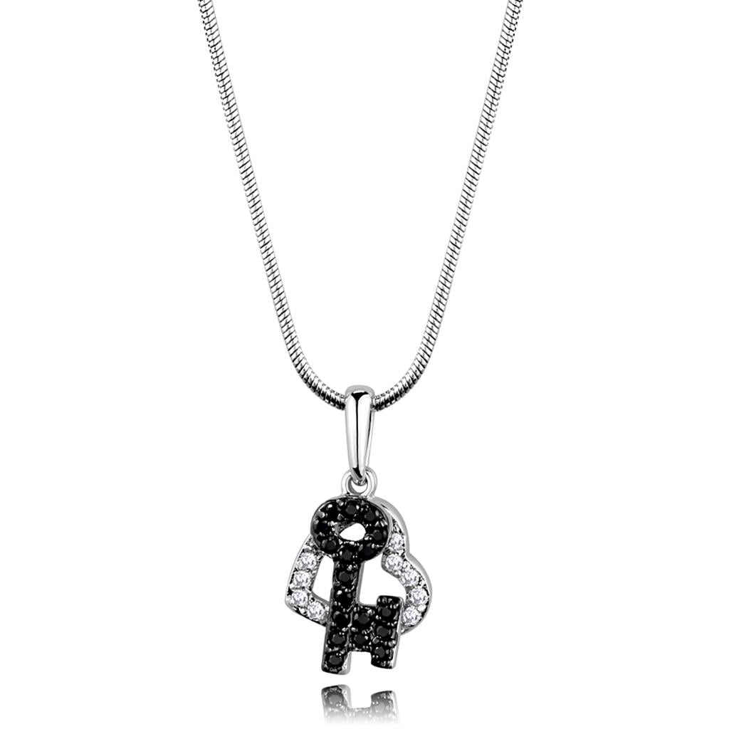 3W799 - Rhodium + Ruthenium Brass Chain Pendant with AAA Grade CZ  in Black Diamond