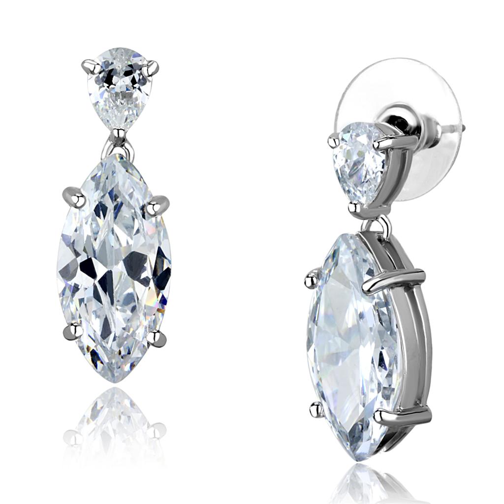 3W889 - Rhodium Brass Earrings with AAA Grade CZ  in Clear