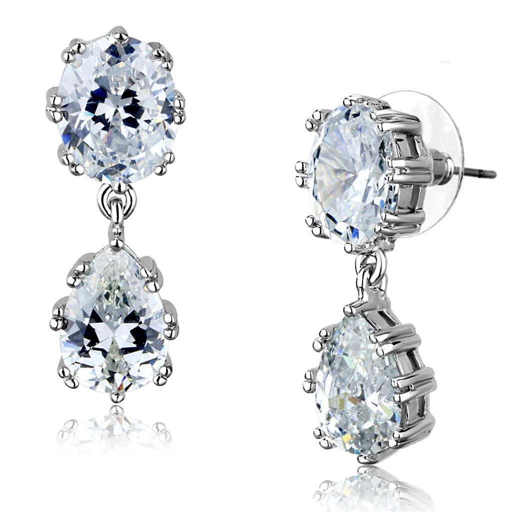 3W897 - Rhodium Brass Earrings with AAA Grade CZ  in Clear