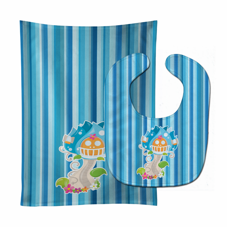 Fairy House Blue Stripes Baby Bib & Burp Cloth