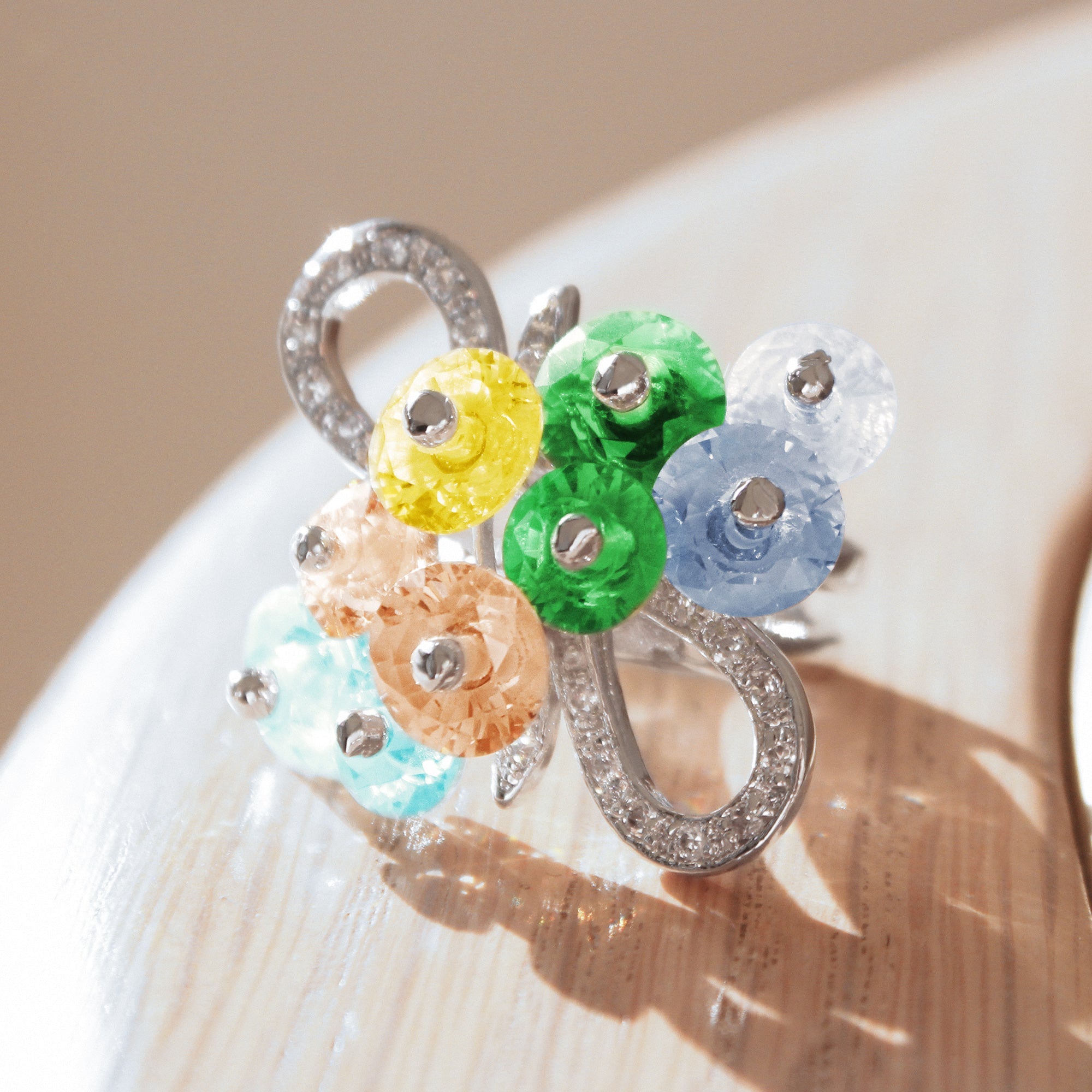 Alishba Cocktail Ring - Rhodium Brass, AAA CZ , Multi Color - 6X029