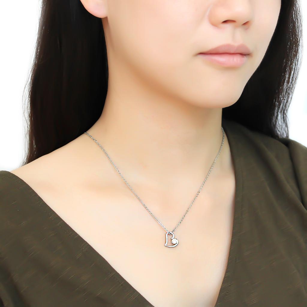 DA084 - High polished (no plating) Stainless Steel Chain Pendant with AAA Grade CZ  in Clear