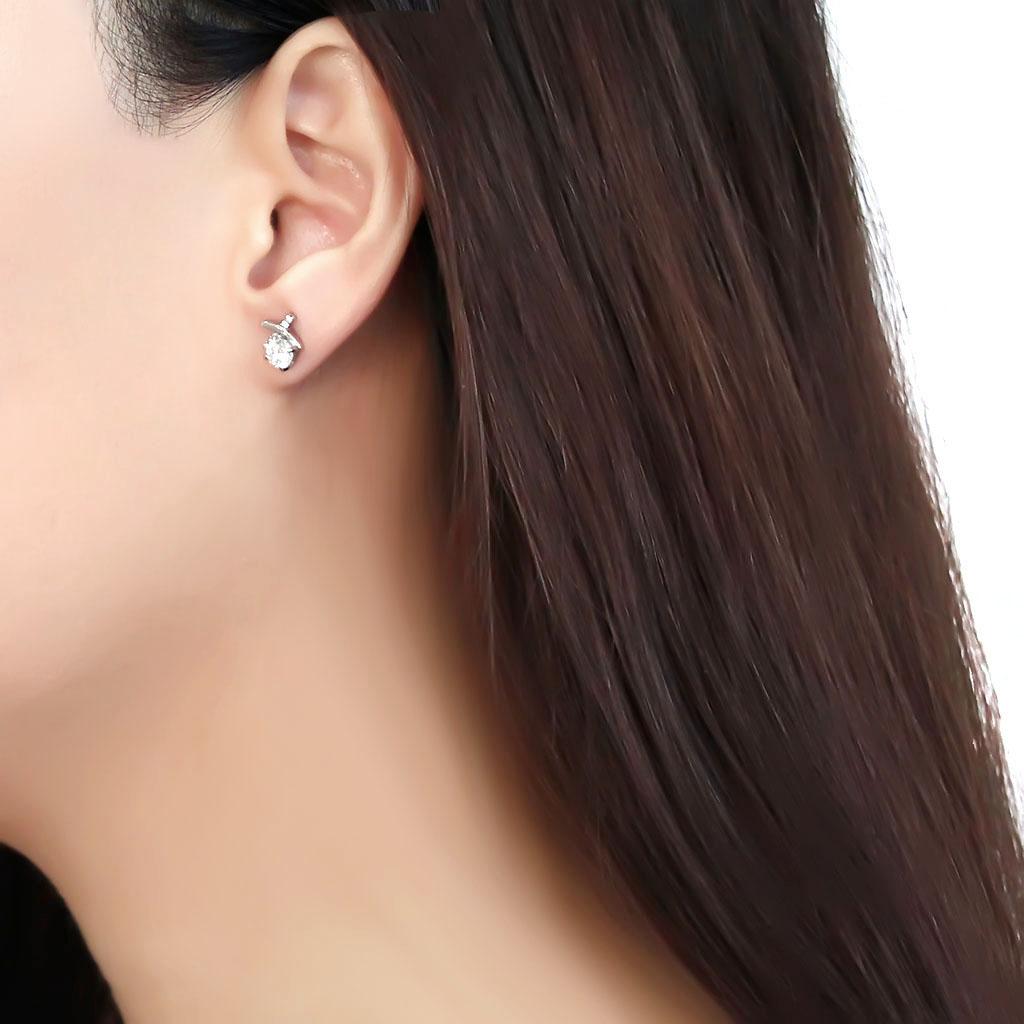 DA205 - High polished (no plating) Stainless Steel Earrings with AAA Grade CZ  in Clear