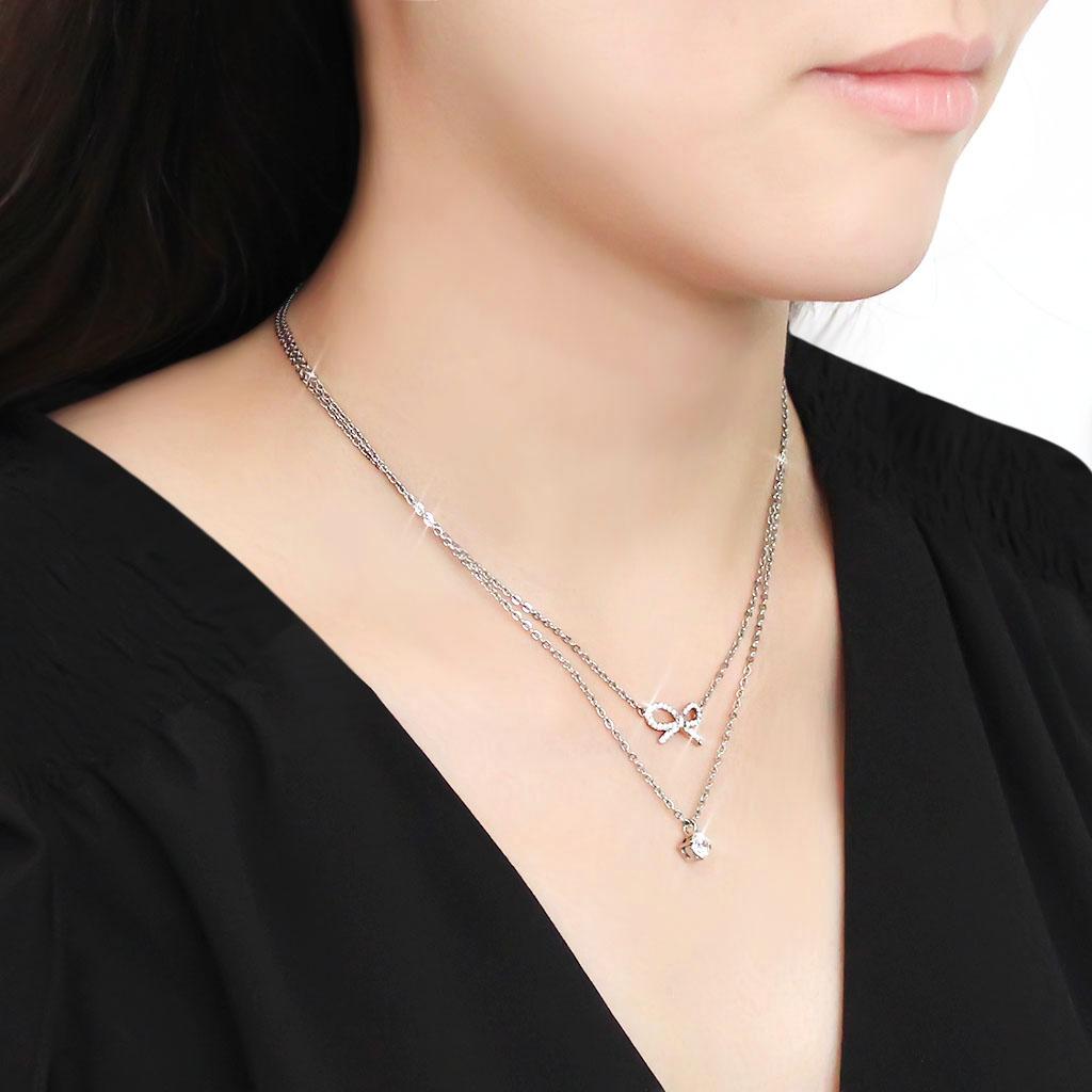 DA230 - High polished (no plating) Stainless Steel Necklace with AAA Grade CZ  in Clear