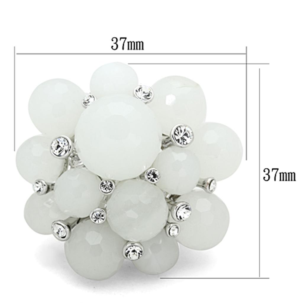 LO3213 - Rhodium Brass Ring with Synthetic Synthetic Glass in White
