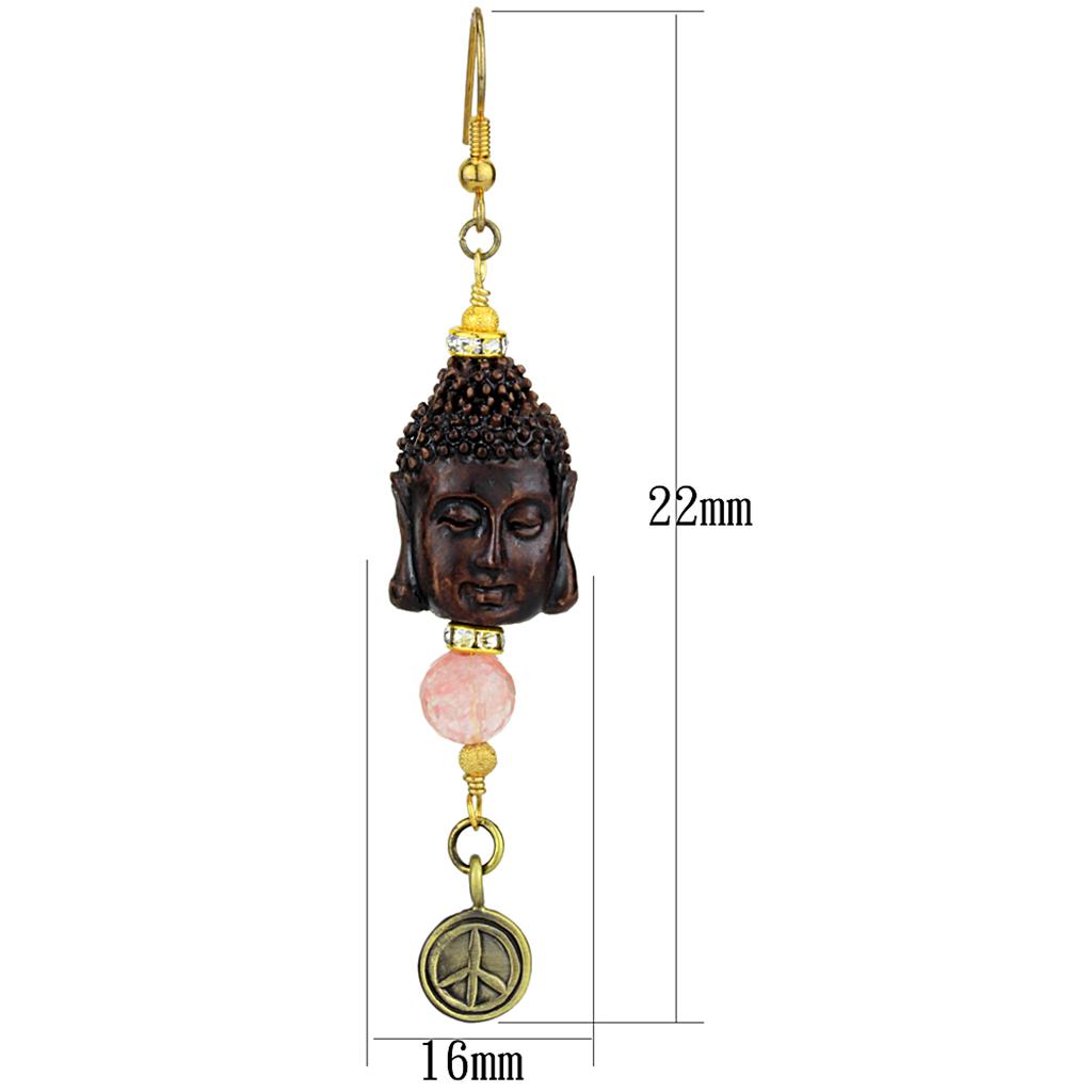 LO3808 - Antique Copper White Metal Earrings with Synthetic Glass Bead in Rose