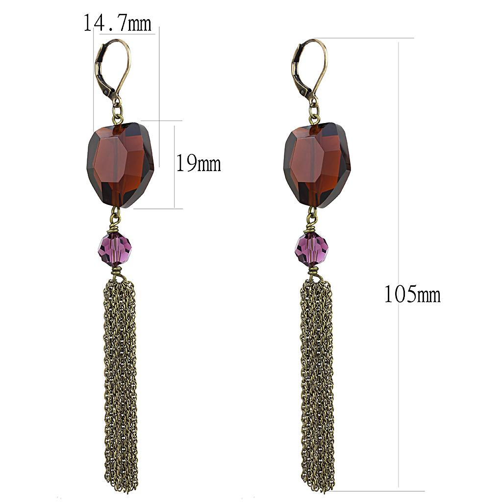 LO4202 - Antique Copper Brass Earrings with Synthetic Synthetic Glass in Garnet