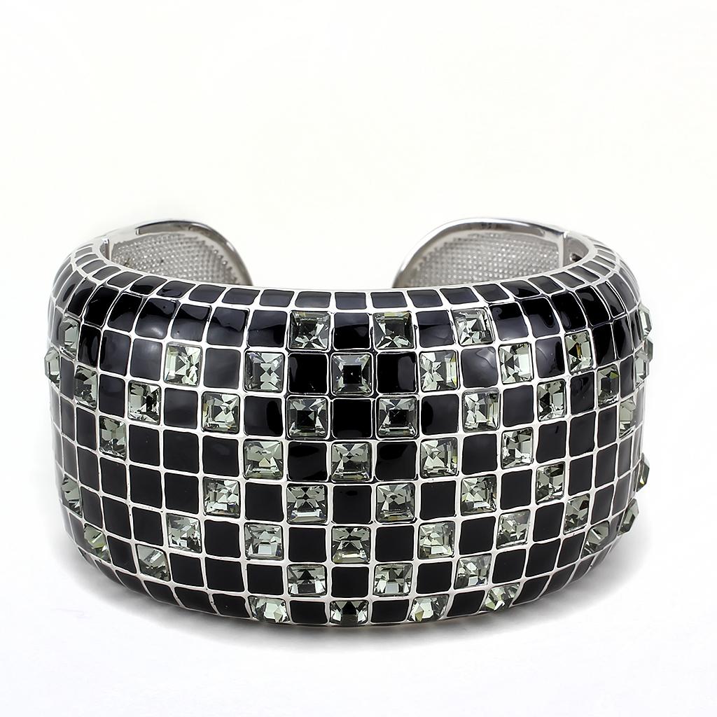 LO4272 - Rhodium Brass Bangle with Top Grade Crystal  in Black Diamond