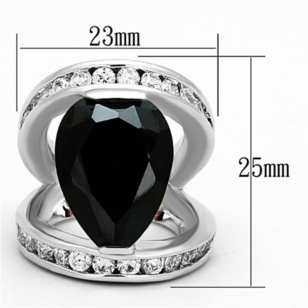 LOA923 - Rhodium Brass Ring with AAA Grade CZ  in Black Diamond