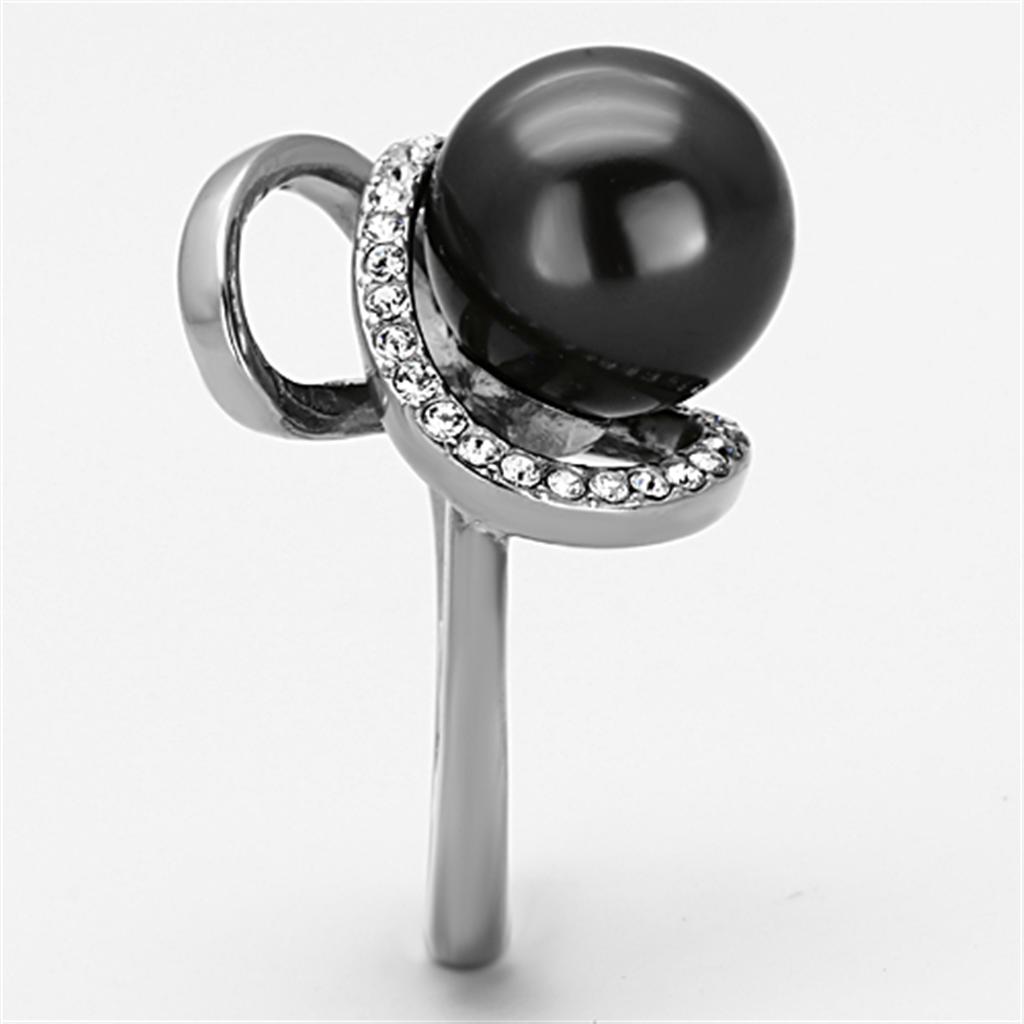 TK1218 - High polished (no plating) Stainless Steel Ring with Synthetic Pearl in Gray