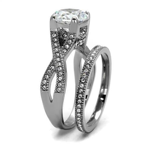 TK2478 - High polished (no plating) Stainless Steel Ring with AAA Grade CZ  in Clear