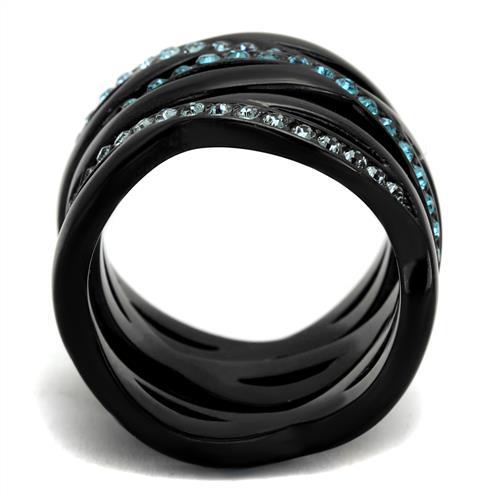 TK2492 - IP Black(Ion Plating) Stainless Steel Ring with Top Grade Crystal  in Sea Blue